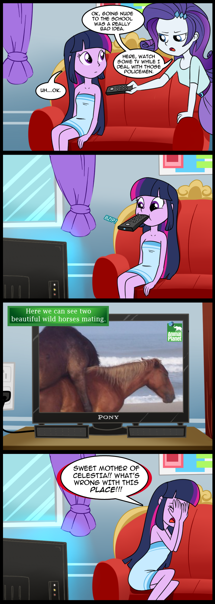 animal_planet belt blue_eyes clothing comic covering_eyes curtains dialog drapes earth english_text equestria_girls equine eyes_closed female feral friendship_is_magic hair horse human humanized humor inside long_hair looking_at_viewer madmax male mammal multi-colored_hair my_little_pony open_mouth planet purple_eyes purple_hair purple_skin rarity_(eg) rarity_(mlp) seaside shirt sitting sofa teeth television text tongue towel twilight_sparkle_(eg) twilight_sparkle_(mlp) wall_art water wave waves window