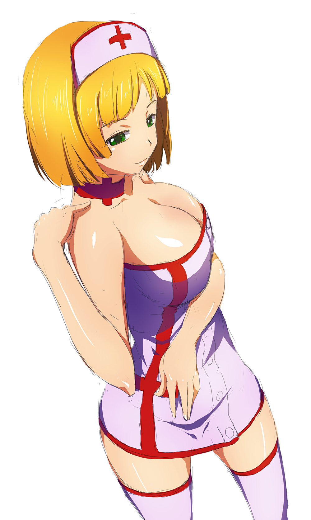 bare_shoulders blonde_hair breasts cleavage green_eyes highres large_breasts light_smile nurse original short_hair simple_background solo thighhighs white_background yuuki1103