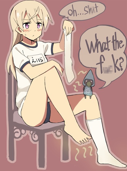blonde_hair blush character_request eila_ilmatar_juutilainen embarrassed english feet gym_uniform no_shoes single_sock sitting smell smelly_feet socks source_request strike_witches tonttu uniform