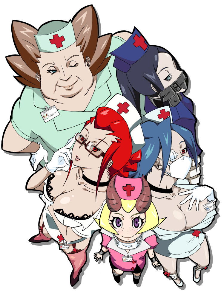 ;) blonde_hair blue_hair breasts choker christmas_(skullgirls) cleavage downblouse easter_(skullgirls) eito freckles from_above gagged glasses gloves group_picture hallow_(skullgirls) hand_on_hip hat horns large_breasts lips looking_up multiple_girls name_tag nurse nurse_cap one_eye_closed patty_(skullgirls) ponytail purple_eyes red_eyes red_hair scar semi-rimless_eyewear short_hair skullgirls smile under-rim_eyewear valentine_(skullgirls) white_gloves