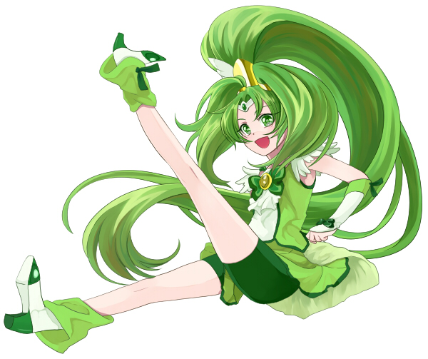 bad_id bad_pixiv_id bike_shorts cure_march green green_eyes green_hair green_shorts green_skirt leg_up long_hair midorikawa_nao outstretched_leg precure sasamaru_chimaki shorts shorts_under_skirt simple_background skirt smile_precure! solo white_background