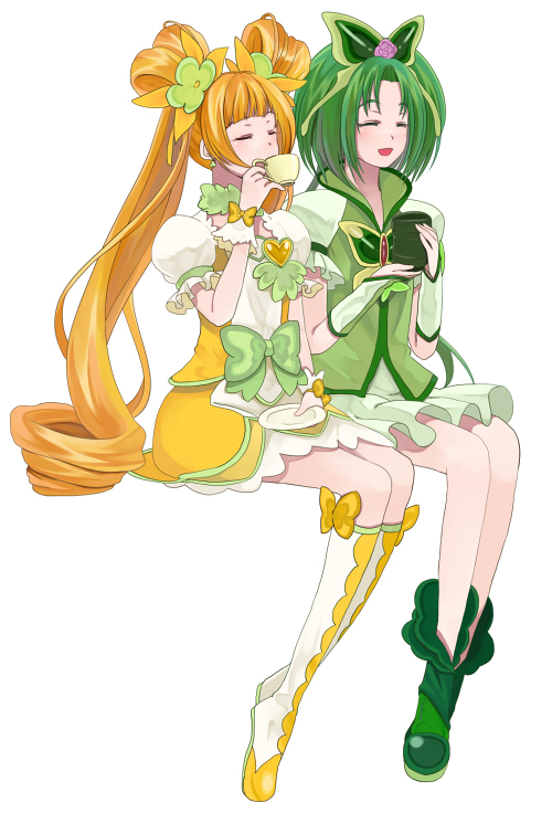 :d akimoto_komachi bad_id bad_pixiv_id blush boots choker closed_eyes cup cure_mint cure_rosetta dokidoki!_precure drinking green_choker green_hair knee_boots long_hair multiple_girls open_mouth orange_hair precure sasamaru_chimaki simple_background sitting smile tea teacup twintails white_background yes!_precure_5 yes!_precure_5_gogo! yotsuba_alice