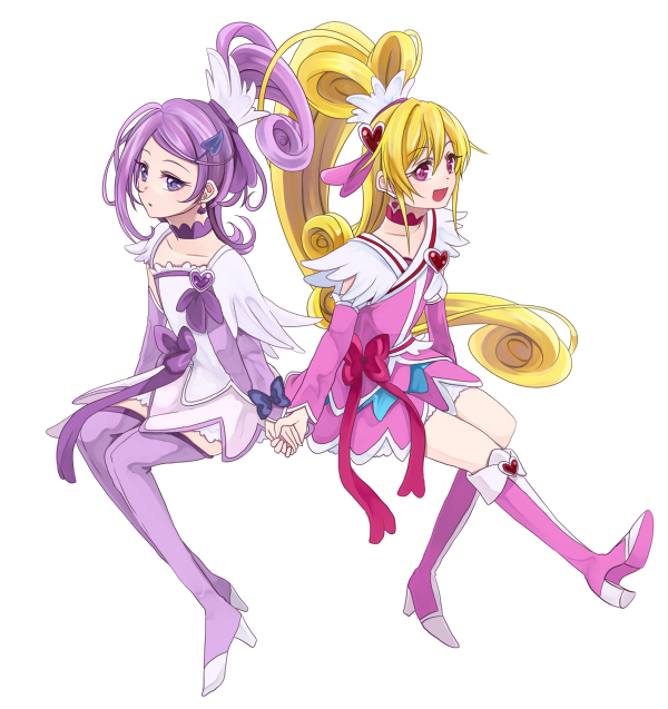 :d aida_mana bad_id bad_pixiv_id blonde_hair boots bow choker cure_heart cure_sword dokidoki!_precure hair_ornament heart heart_hair_ornament holding_hands kenzaki_makoto knee_boots multiple_girls open_mouth pink_bow pink_eyes pink_footwear pink_sleeves ponytail precure purple_choker purple_eyes purple_footwear purple_hair purple_skirt sasamaru_chimaki simple_background sitting skirt smile spade_hair_ornament thigh_boots thighhighs white_background