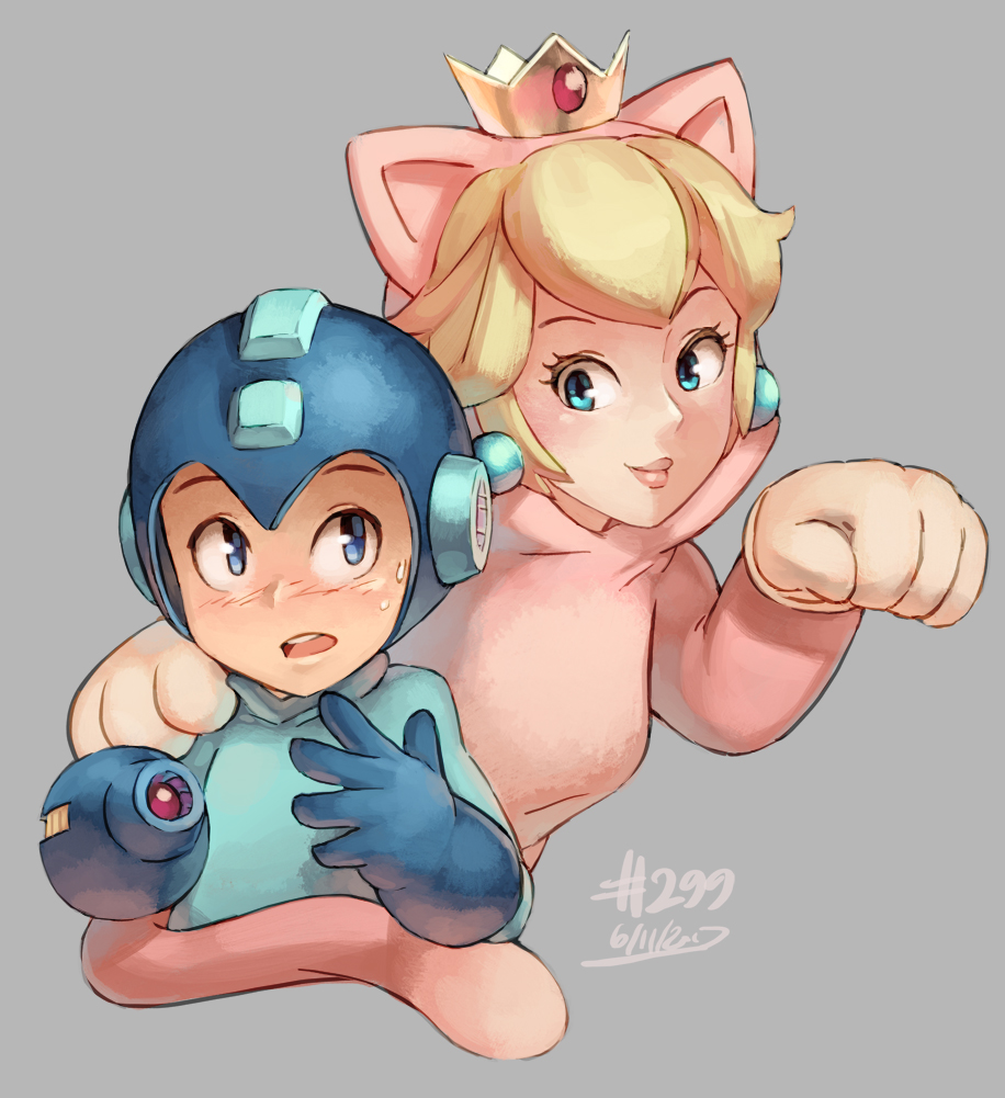 1girl animal_costume animal_ears blonde_hair blue_eyes blush cat_costume cat_ears crossover crown earrings hand_on_another's_shoulder helmet jewelry junkpuyo long_hair mario_(series) open_mouth paw_pose princess_peach rockman rockman_(character) rockman_(classic) smile super_mario_3d_world super_mario_bros. super_smash_bros.