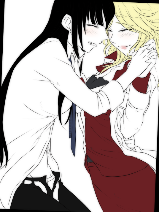 black_hair blonde_hair blush breast_press breasts cleavage closed_eyes couple grin happy holding_hands karanomori_shion kunizuka_yayoi labcoat large_breasts lips lipstick long_hair makeup multiple_girls neko_majin open_fly partially_colored psycho-pass sleeves_rolled_up smile unzipped yuri