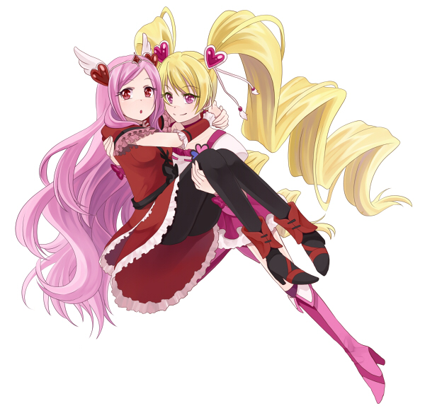 arms_around_neck bad_id bad_pixiv_id black_legwear blonde_hair boots carrying couple cure_passion cure_peach fresh_precure! hair_ornament heart heart_hair_ornament higashi_setsuna hug knee_boots long_hair momozono_love multiple_girls pantyhose pink_eyes pink_footwear pink_hair precure princess_carry red_eyes sasamaru_chimaki simple_background smile twintails white_background yuri