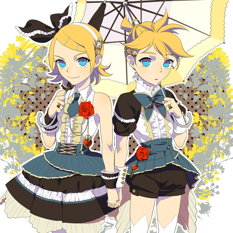 1girl alternate_costume aqua_eyes bare_shoulders blonde_hair bow bowtie brother_and_sister csikity cuffs dress flower frills green_bow green_neckwear hair_bow hair_ornament hairclip heart holding_hands interlocked_fingers jewelry kagamine_len kagamine_rin key lace layered_skirt necktie pantyhose parasol puffy_short_sleeves puffy_sleeves red_flower red_rose ribbon ring rose shirt short_hair short_sleeves shorts siblings sleeveless sleeveless_shirt smile thighhighs umbrella vocaloid white_legwear wrist_cuffs
