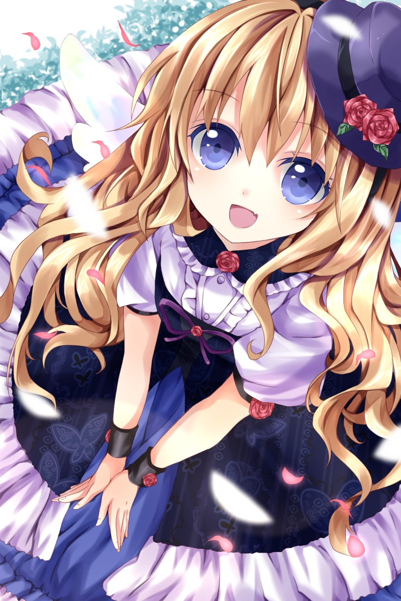 :d bad_id bad_pixiv_id blonde_hair blue_eyes dress fang flower hat highres long_hair looking_at_viewer nanase_nao open_mouth original rose smile solo v_arms very_long_hair wrist_cuffs