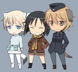 502nd_joint_fighter_wing brave_witches chibi kanno_naoe lowres military multiple_girls nikka_edvardine_katajainen no_pants pantyhose shimada_fumikane short_hair uniform waltrud_krupinski world_witches_series