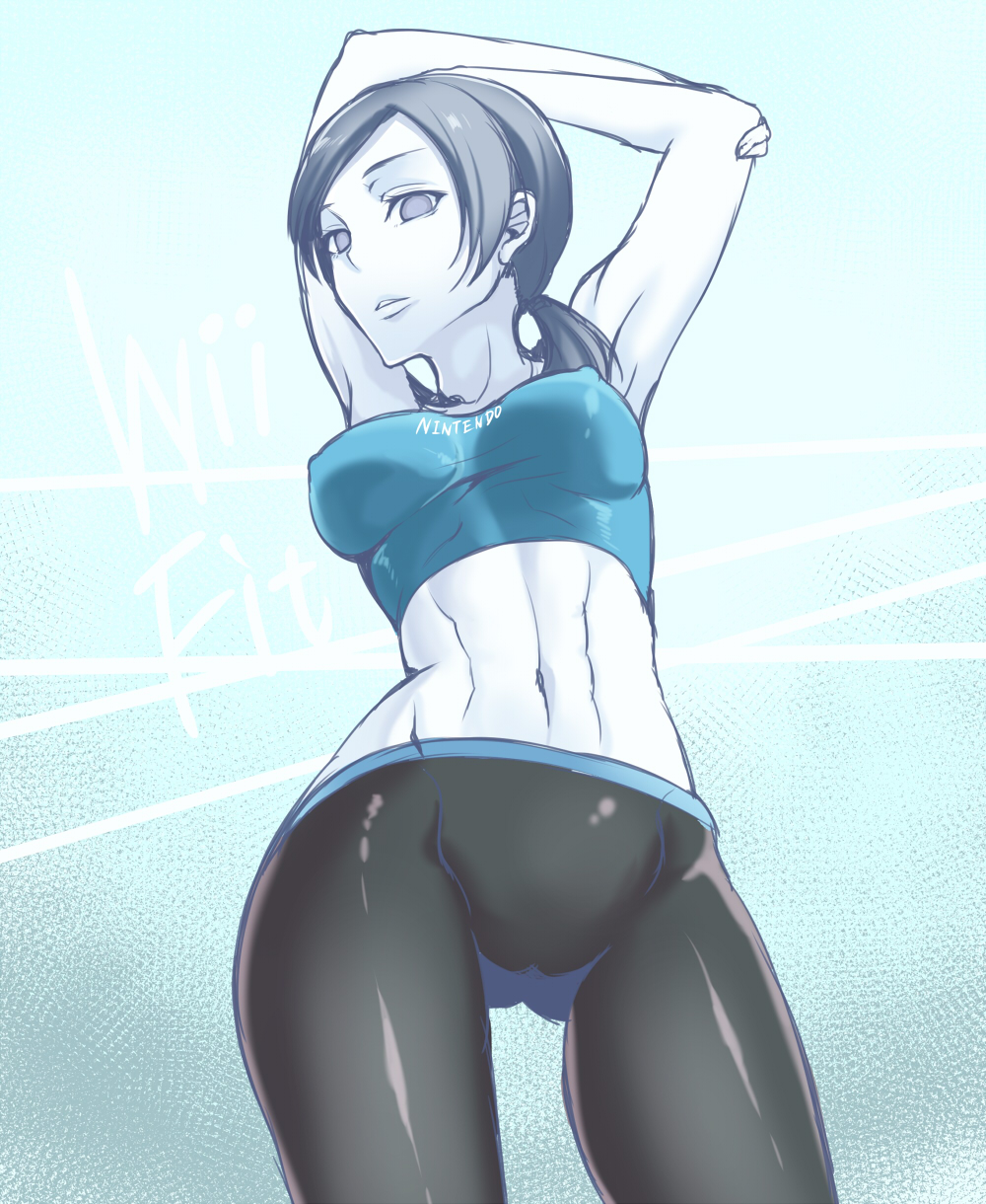 abs armpits arms_up black_hair breasts cameltoe clothes_writing contrapposto covered_nipples cowboy_shot grey_eyes highres jitome long_hair looking_down medium_breasts midriff navel no_pupils pants pochi_(pochi-goya) ponytail solo spandex sports_bra standing stretch tank_top tight tight_pants toned white_skin wii_fit wii_fit_trainer yoga_pants