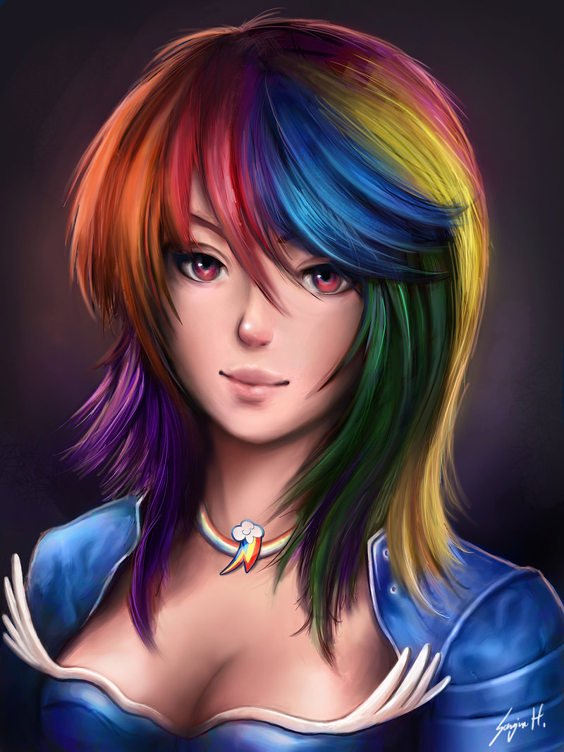 abstract_background clothing female friendship_is_magic hair human humanized indiron looking_at_viewer mammal multi-colored_hair my_little_pony necklace not_furry rainbow_dash_(mlp) rainbow_hair red_eyes solo