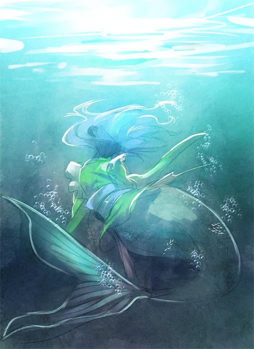 blue_hair japanese_clothes long_sleeves mak_(kainemaru) mermaid monster_girl obi sash solo touhou underwater wakasagihime wide_sleeves