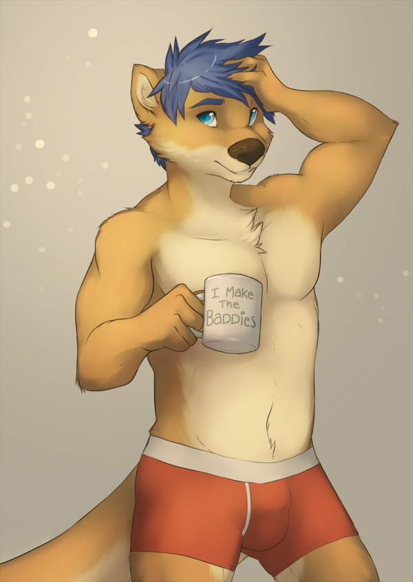 blue_hair boxer_briefs bulge cherrybox clothed clothing coffee cup fur hair male mammal multicolor_fur mustelid otter short_hair solo tan_fur topless two_tone_fur underwear white_fur