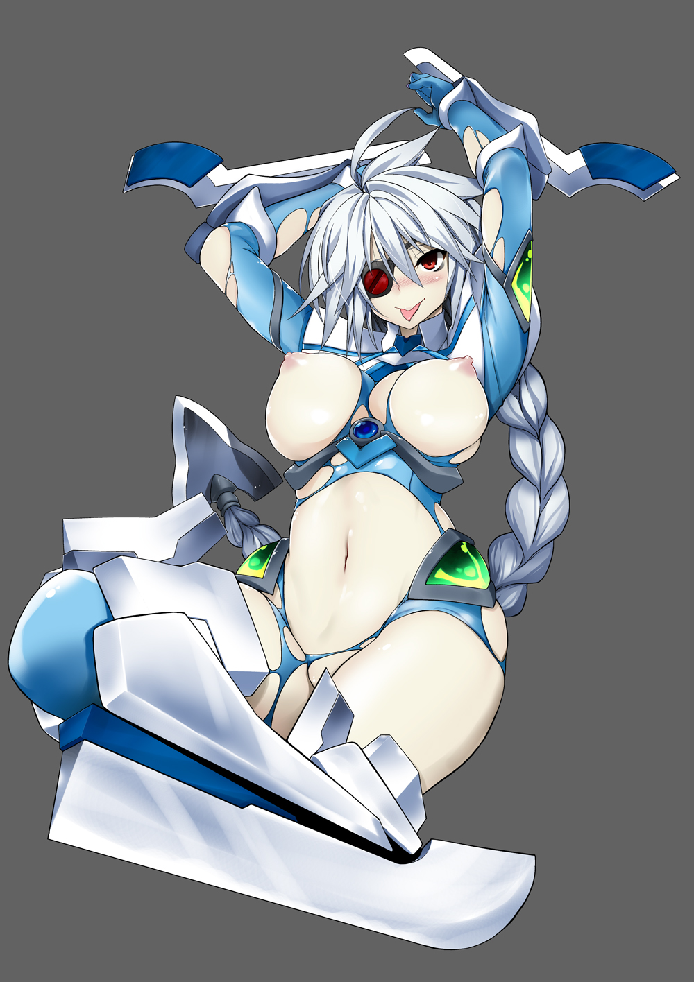 :p alternate_breast_size arm_blade blazblue blazblue:_continuum_shift bodysuit braid breasts eyepatch grey_background highres large_breasts long_hair looking_at_viewer mecha_musume navel nipples nu-13 pale_skin puffy_nipples red_eyes simple_background single_braid solo tanabe_(studio_tiamat) tongue tongue_out torn_bodysuit torn_clothes very_long_hair weapon white_hair