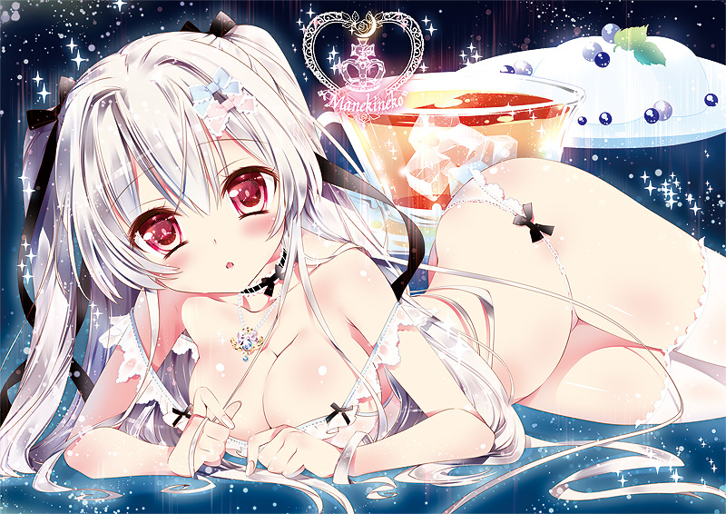 blush bra breasts choker cleavage food ice ice_cube jewelry juice kamiya_maneki large_breasts long_hair lying necklace on_side open_mouth original panties pudding red_eyes ribbon_choker silver_hair solo thighhighs two_side_up underwear white_bra white_legwear white_panties