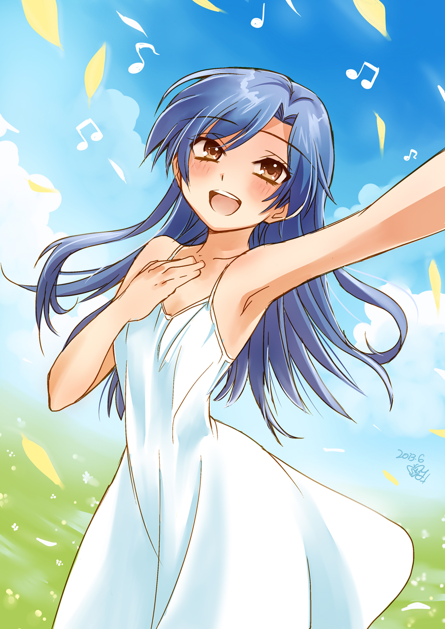 :d armpits blue_hair blush brown_eyes cloud collarbone dated day dress hand_on_own_chest highres idolmaster idolmaster_(classic) kisaragi_chihaya liymm long_hair musical_note open_mouth signature sky sleeveless smile solo sundress white_dress