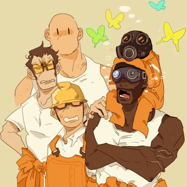 4boys bad_id bad_pixiv_id bald bug butterfly carrying chell chell_(cosplay) cosplay dark_skin dark_skinned_male facial_hair gas_mask goggles hardhat helmet insect multiple_boys no_hat no_headwear open_mouth overalls portal portal_(series) portal_2 pyrovision_goggles shoulder_carry sunglasses team_fortress_2 the_demoman the_engineer the_heavy the_pyro the_sniper tongue