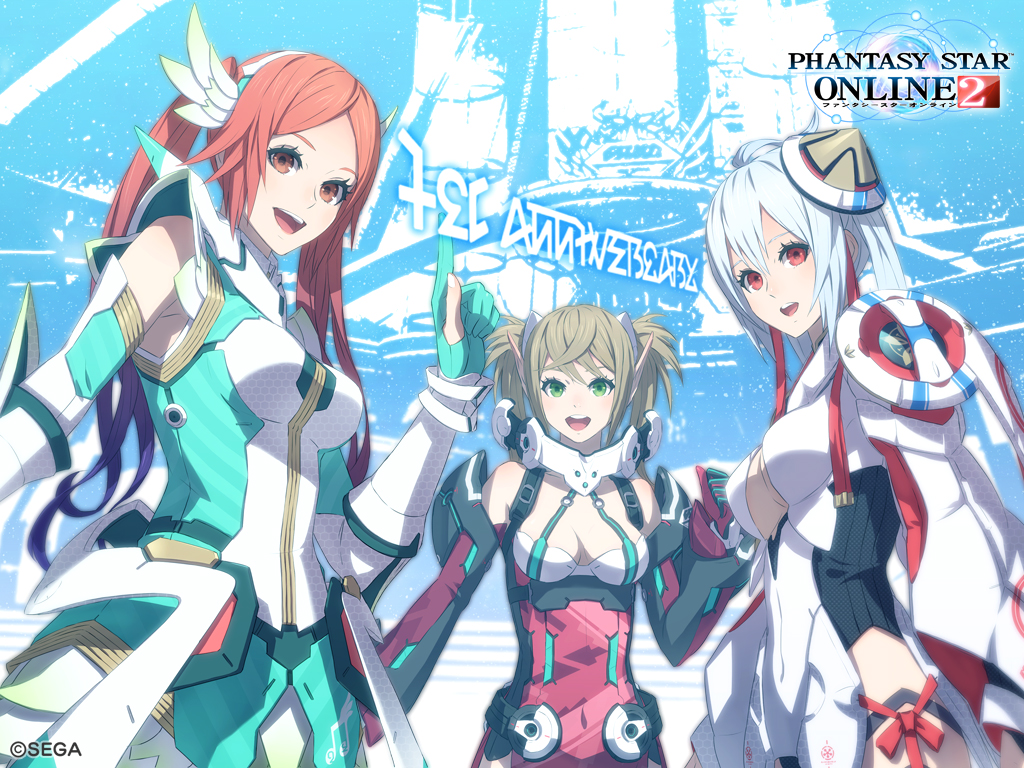 ballistic_coat bare_shoulders breasts brown_hair cleavage cleavage_cutout echo_(pso2) long_hair looking_at_viewer matoi_(pso2) medium_breasts mikoto_cluster miraselia multiple_girls phantasy_star phantasy_star_online_2 pointy_ears quna_(pso2) red_eyes sega smile twintails
