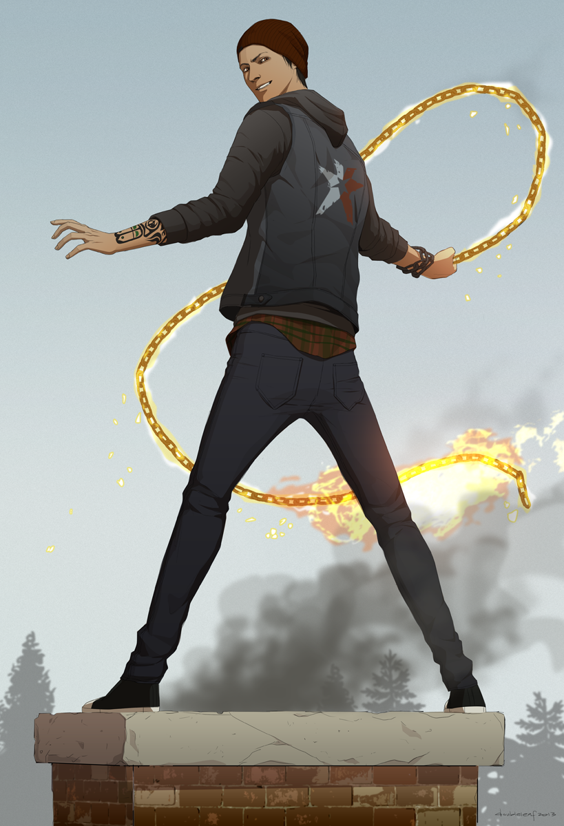 chain chimney delsin_rowe fire gb_(doubleleaf) headwear highres infamous infamous_second_son jacket male_focus pants plaid plaid_shirt shirt smile smirk smoke solo tattoo tree white_background