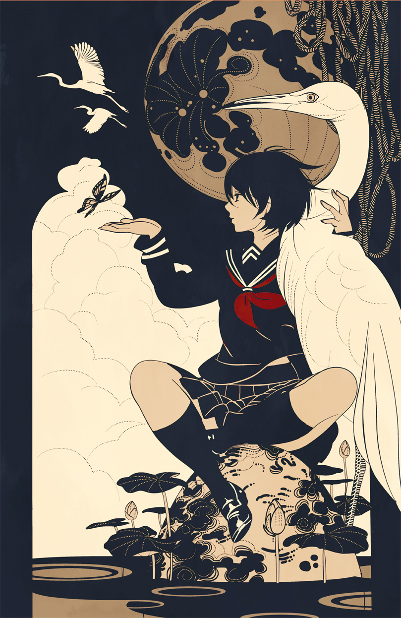 animal bird black_hair black_legwear black_serafuku black_skirt bug butterfly cloud crane_(animal) expressionless flat_color flying from_side highres insect kneehighs kondou_totetsu moon neckerchief original pleated_skirt profile rock school_uniform serafuku short_hair sitting skirt socks solo spread_legs stork water wings