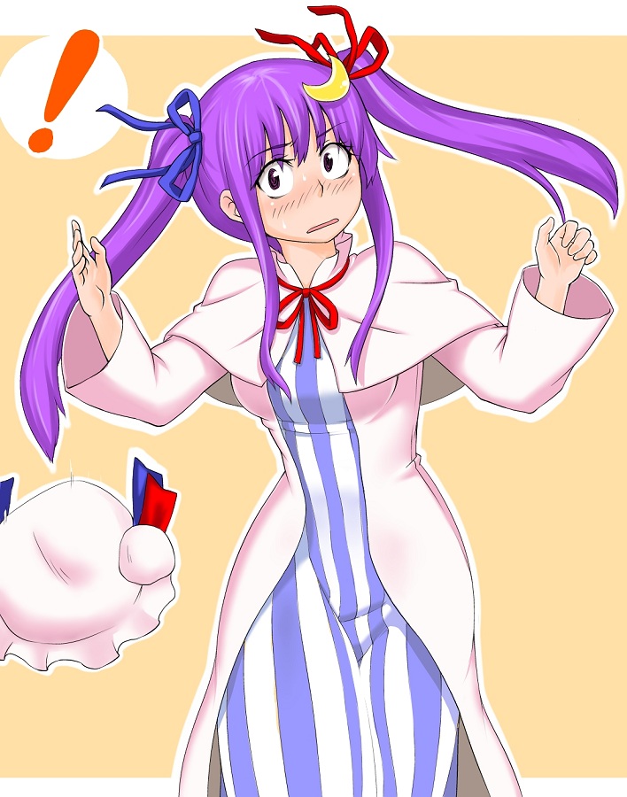 1girl alternate_hairstyle blush breasts crescent crescent_hair_ornament hair_ornament hat hat_removed headwear_removed long_hair medium_breasts patchouli_knowledge poronegi purple_hair simple_background solo striped touhou twintails vertical_stripes