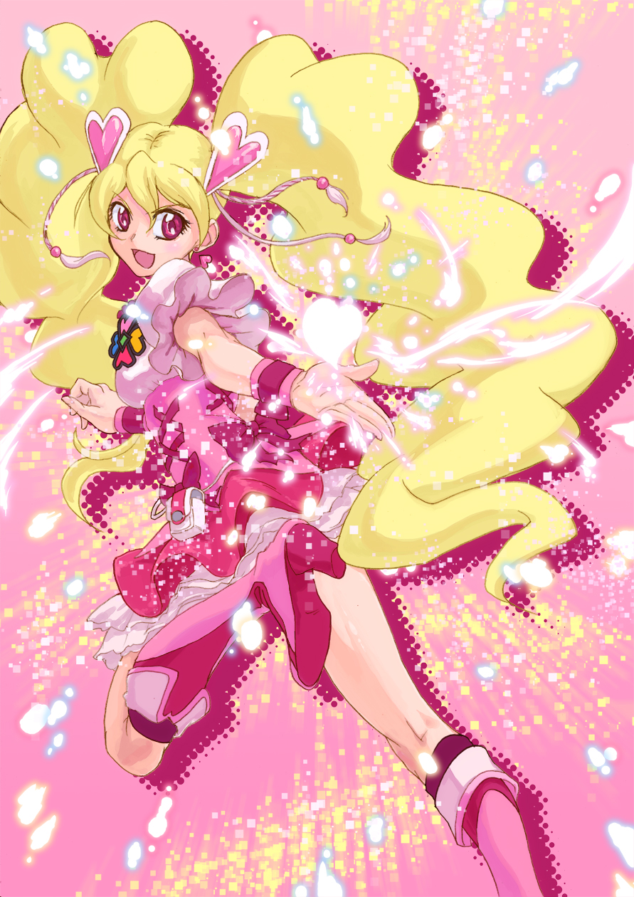 :d blonde_hair boots bow choker corset cure_peach earrings fresh_precure! frilled_skirt frills hair_ornament hairpin heart heart_hair_ornament highres jewelry knee_boots long_hair magical_girl momozono_love open_mouth pink_bow pink_eyes pink_footwear precure skirt smile solo thigh_boots thighhighs twintails uyoshi very_long_hair wrist_cuffs