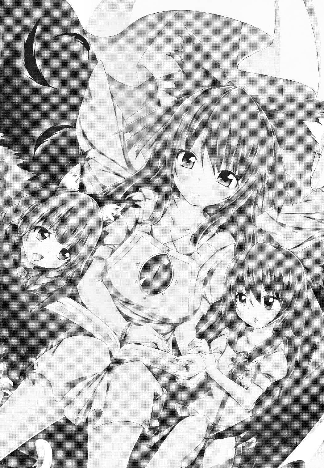 alternate_costume apron artist_request book bow cape child feathers greyscale hair_bow highres kaenbyou_rin kokuu_haruto long_hair midriff monochrome mother_and_daughter multiple_girls non-web_source original reiuji_utsuho smile third_eye touhou wings younger