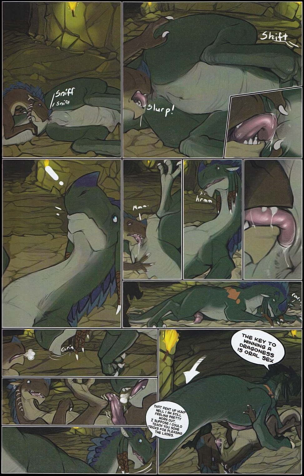 anal blue_eyes claws comic dialog dragon english_text erection gay holding lying male narse on_back on_side open_mouth oral patience_pending penis reptile rimming rock scalie text tongue