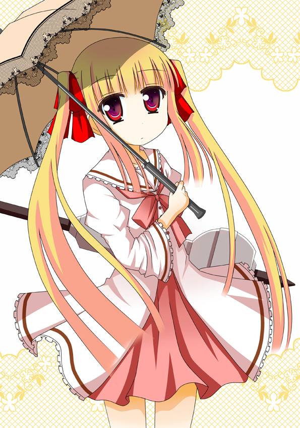 blonde_hair dress long_hair looking_at_viewer minami_(colorful_palette) original red_eyes school_uniform solo twintails umbrella weapon