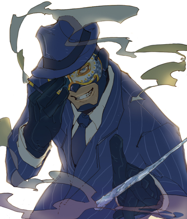 22_(tak_ja) bad_id bad_pixiv_id blue_eyes cigarette fancy_fedora fedora formal gloves grin hat icicle le_party_phantom looking_at_viewer male_focus mask necktie simple_background smile smoke solo spy-cicle suit team_fortress_2 the_spy weapon white_background