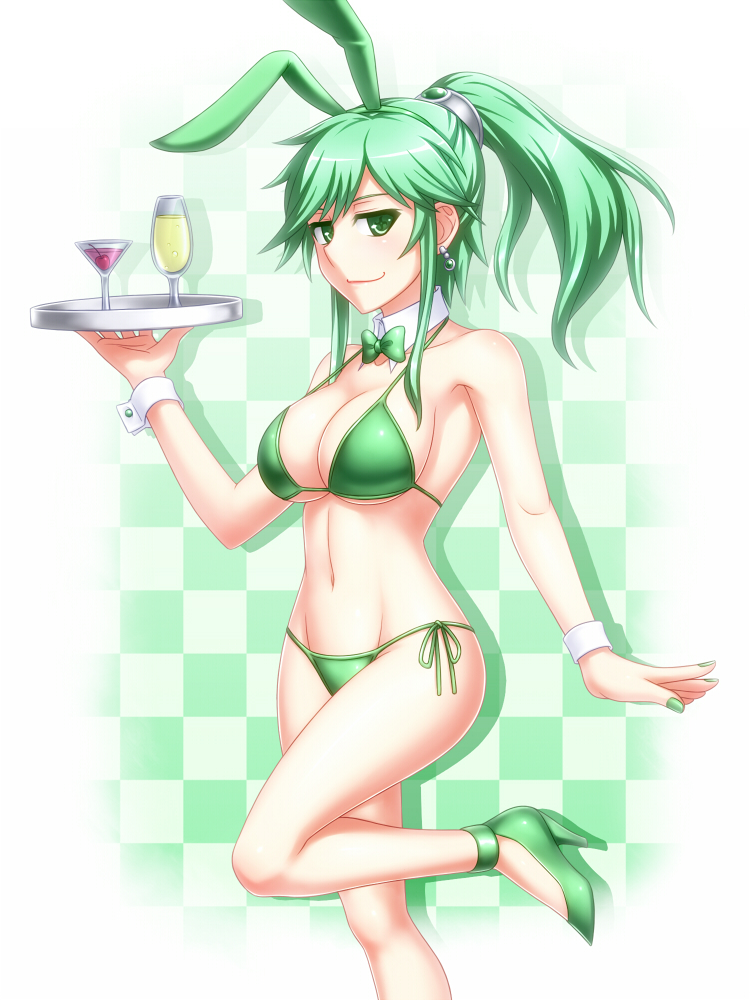 animal_ears bikini bow bowtie breasts bunny_ears cherry cleavage detached_collar drink duel_monster food fruit goblet green_eyes green_hair large_breasts long_hair pataniito ponytail smile solo swimsuit tray winda_priestess_of_gusto wrist_cuffs yuu-gi-ou yuu-gi-ou_duel_monsters