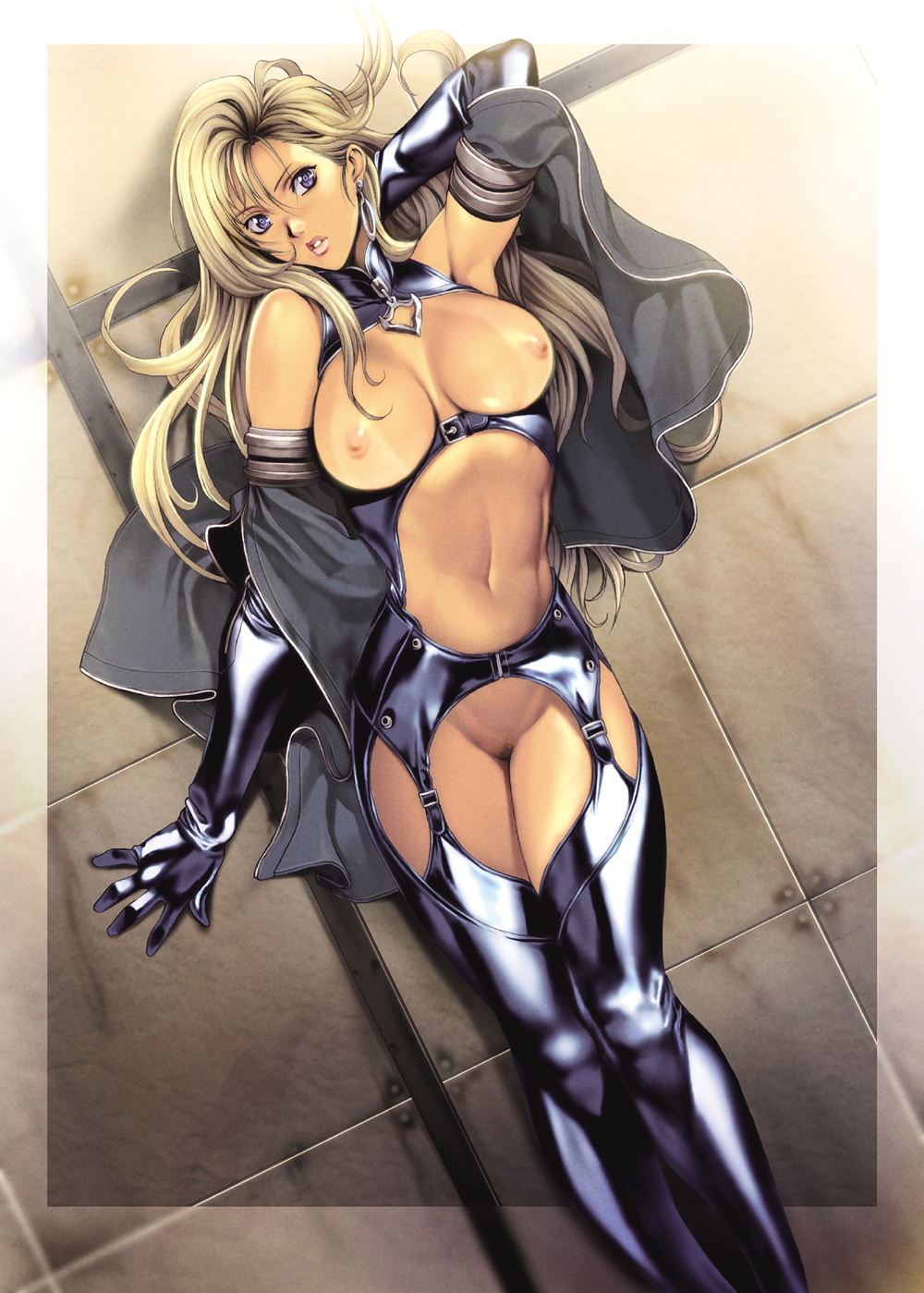 against_wall arm_behind_head arm_up armlet armpits bangs bare_shoulders black_legwear blonde_hair blue_eyes breastless_clothes breasts breasts_apart breasts_outside contrapposto detached_sleeves dutch_angle earrings elbow_gloves frame garter_straps gloves hair_between_eyes halterneck highres homare_(fool's_art) hoop_earrings jewelry large_breasts leather lips long_hair looking_at_viewer midriff navel nipples original parted_lips pubic_hair shiny shiny_clothes sidelocks solo standing tan tanline thighhighs tile_wall tiles turtleneck very_long_hair wavy_hair