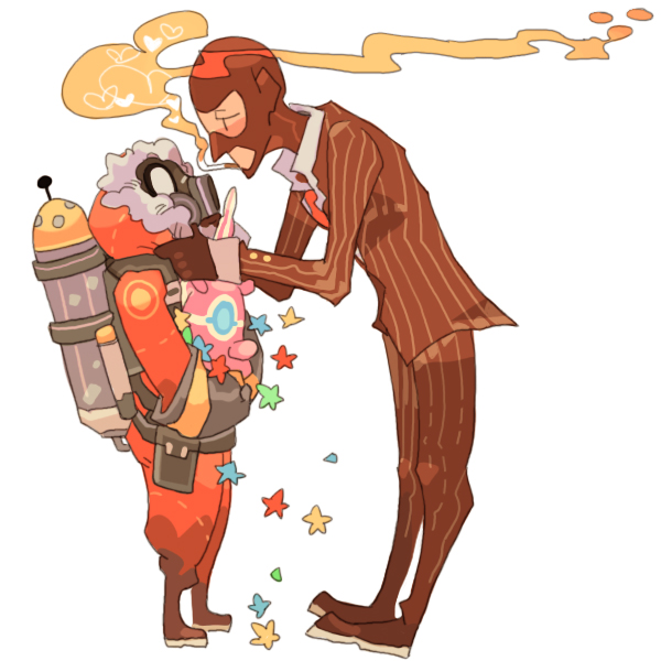 1other 22_(tak_ja) bad_id bad_pixiv_id balaclava balloon balloonicorn cigarette formal gas_mask gloves heart holding holding_balloon holding_star hood necktie oxygen_tank simple_background smoke smoking standing star suit team_fortress_2 the_pyro the_spy white_background