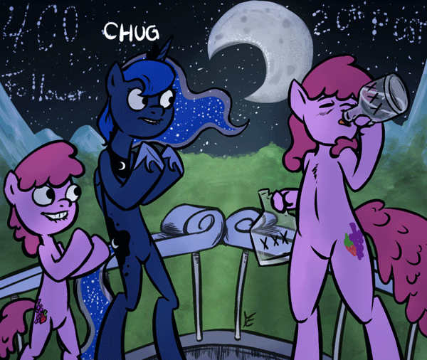 animated berry_punch_(mlp) blue_fur blue_hair chanting cutie_mark dare english_text equine female friendship_is_magic fur hair horn horse mammal moon my_little_pony night pony princess_luna_(mlp) purple_fur purple_hair senselesssquirrel square_crossover text what winged_unicorn wings