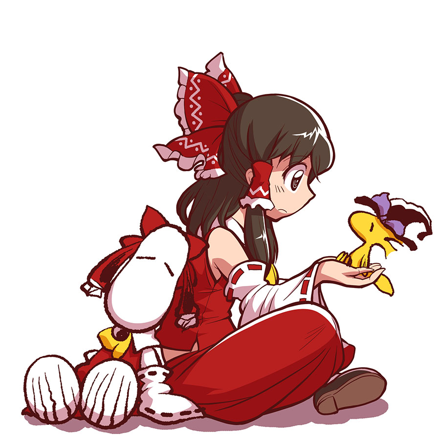 black_eyes black_hair bow chamupei charles_schulz_(style) cosplay detached_sleeves hair_bow hair_tubes hakurei_reimu hakurei_reimu_(cosplay) hat indian_style kirisame_marisa kirisame_marisa_(cosplay) long_sleeves parody peanuts shirt simple_background sitting skirt snoopy style_parody touhou white_background wide_sleeves witch_hat woodstock