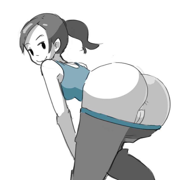 anus artist_request ass bent_over from_behind grey_hair naughty_face nintendo ponytail pussy shorts shorts_pull smile solo spandex super_smash_bros. white_skin wii_fit wii_fit_trainer