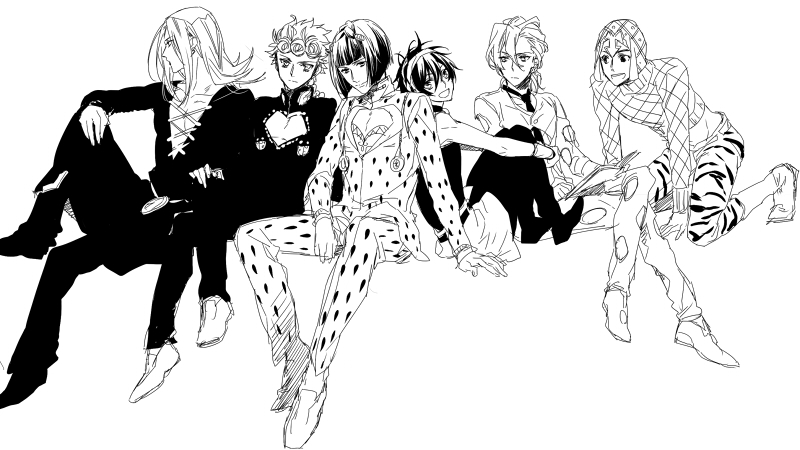 :d all_fours androgynous animal_print arm_support bare_shoulders belt between_legs book bruno_buccellati cleavage_cutout closed_mouth curly_hair directional_arrow earrings expressionless full_body giorno_giovanna greyscale guido_mista hair_between_eyes hairband hand_between_legs hat heart_cutout holding holding_book invisible_chair jaguar_print jewelry jojo_no_kimyou_na_bouken ketch kneehighs leone_abbacchio long_sleeves looking_at_viewer monochrome multiple_boys nakagawa_waka narancia_ghirga necktie open_book open_mouth pannacotta_fugo pants pantyhose profile simple_background sitting skirt smile tiger_print trish_una white_background wristband