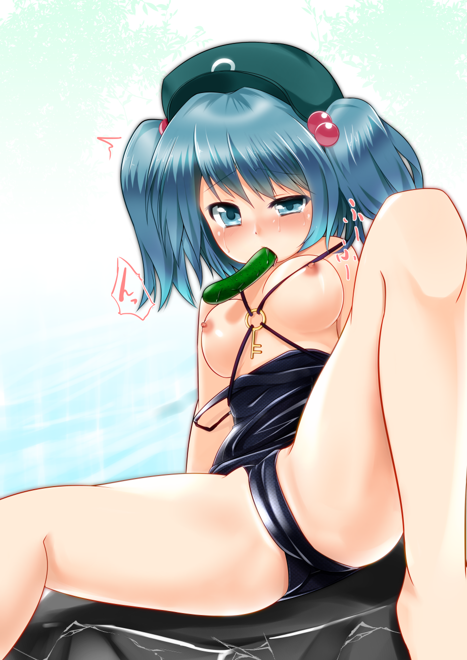 bare_legs bare_shoulders blue_eyes blue_hair blush breasts cucumber hair_bobbles hair_ornament hat highres kawashiro_nitori key lzi_th medium_breasts mouth_hold nipples one-piece_swimsuit rock school_swimsuit short_hair solo swimsuit swimsuit_pull tears touhou two_side_up water