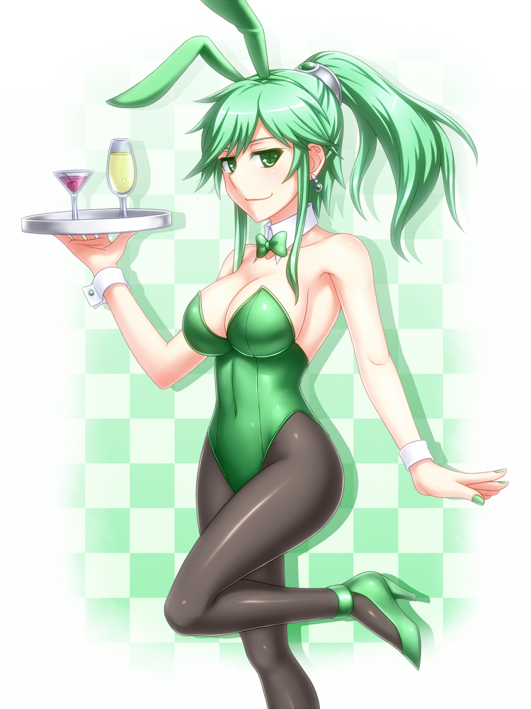 animal_ears bow bowtie breasts bunny_ears bunnysuit cherry cleavage detached_collar drink duel_monster food fruit goblet green_eyes green_footwear green_hair green_leotard high_heels large_breasts leotard long_hair pantyhose pataniito ponytail shoes smile solo tray winda_priestess_of_gusto wrist_cuffs yuu-gi-ou yuu-gi-ou_duel_monsters