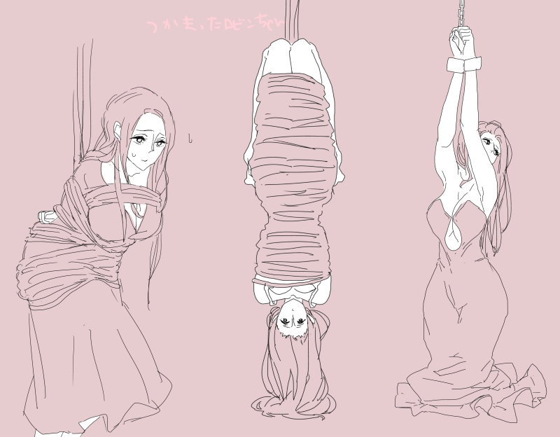 bdsm bondage bound breasts chains chikichiki_(robitema) cleavage cuffs dress long_hair monochrome nico_robin one_piece rope shackle shackles upside-down