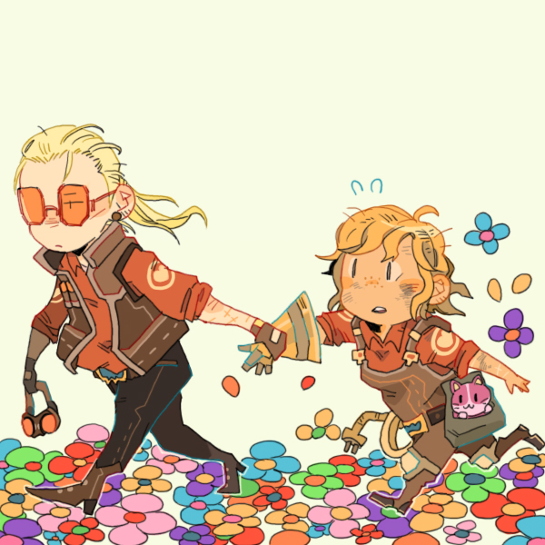 2girls :o ahoge bad_id bad_pixiv_id belt belt_buckle belt_pouch blonde_hair buckle cat dirt earrings fingerless_gloves flower flying_sweatdrops genderswap genderswap_(mtf) gloves goggles goggles_removed holding_hands jewelry mud multiple_girls no_hat no_headwear no_helmet orange_hair overalls parted_lips petals pocket_purrer ponytail pouch short_hair simple_background single_glove sunglasses team_fortress_2 teeth the_engineer the_sniper