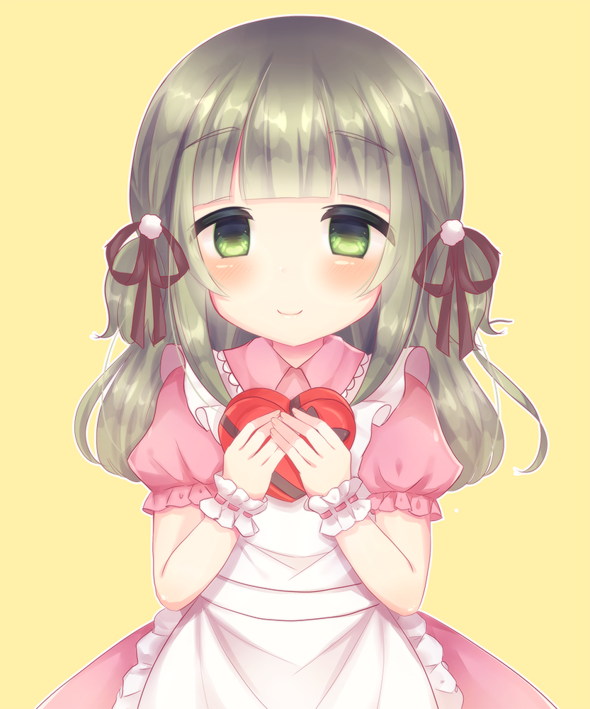 1girl apron bangs blush box brown_ribbon caramel_(caramelmilk) closed_mouth collared_shirt empty_eyes eyebrows_visible_through_hair fingernails frilled_apron frills gift gift_box green_eyes green_hair hair_ornament hair_ribbon hands_up heart-shaped_box holding holding_gift long_hair maid_apron original own_hands_together pink_shirt pink_skirt puffy_short_sleeves puffy_sleeves ribbon shirt short_sleeves simple_background skirt smile solo valentine white_apron wrist_cuffs yandere yellow_background