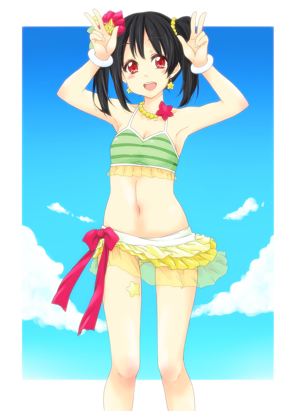 :d bad_id bad_pixiv_id bangs bikini bikini_skirt black_hair blush bracelet day double_v flower frilled_bikini frilled_swimsuit frills hair_flower hair_ornament highres itou_ayachi jewelry long_hair looking_at_viewer love_live! love_live!_school_idol_project natsuiro_egao_de_1_2_jump! navel necklace open_mouth outdoors red_eyes smile solo striped striped_bikini swimsuit tankini twintails v yazawa_nico