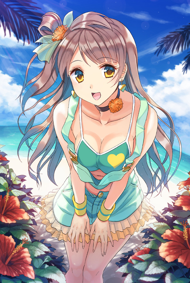 beach blue_sky bow breasts brown_hair choker cleavage cloud collarbone day earrings flower hair_bow hands_on_thighs heart heart_earrings jewelry kichiroku layered_skirt leaning_forward long_hair looking_at_viewer love_live! love_live!_school_idol_project medium_breasts minami_kotori natsuiro_egao_de_1_2_jump! navel ocean open_mouth outdoors see-through short_shorts shorts sky solo suspenders wrist_cuffs yellow_eyes