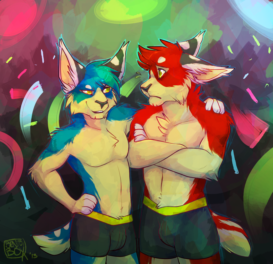 boxer_briefs cherrybox collaboration couple crossed_arms dancing duo feline lynx male mammal muzz rave topless underwear