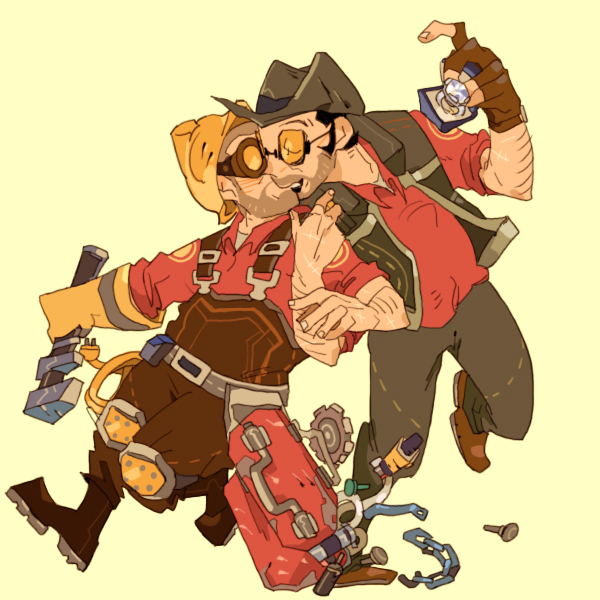 2boys bad_id bad_pixiv_id blush boots chain closed_eyes fingerless_gloves gloves goggles hat helmet holding holding_ring holding_weapon holding_wrench jewelry kiss male_focus multiple_boys ring simple_background single_glove something_special_for_someone_special sunglasses team_fortress_2 the_engineer the_sniper toolbox watch weapon wedding_ring wrench wristwatch yaoi