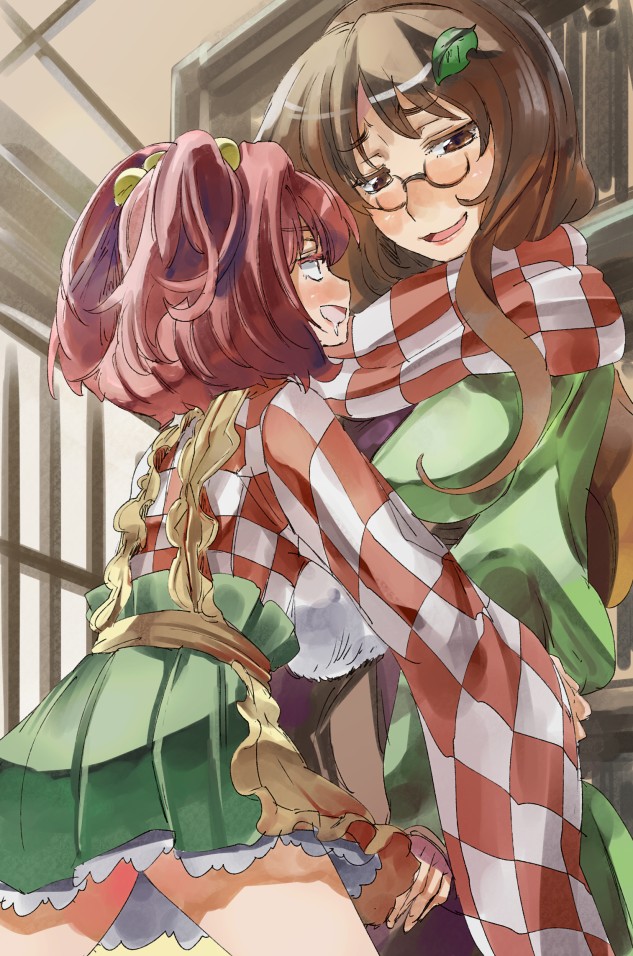 apron bell brown_eyes brown_hair checkered drooling futatsuiwa_mamizou futatsuiwa_mamizou_(human) glasses hair_bell hair_ornament hairclip japanese_clothes leaf motoori_kosuzu multiple_girls red_hair scarf touhou yohane yuri