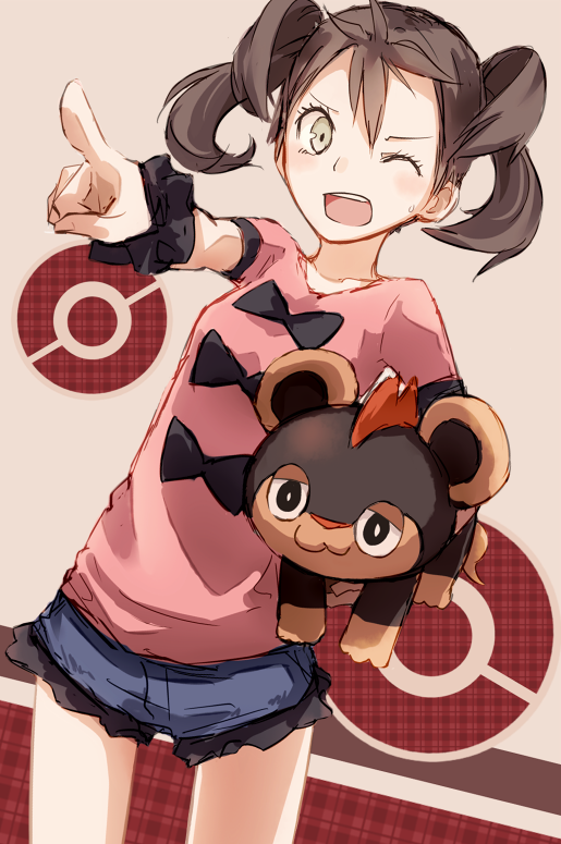 ;o alternate_skin_color bad_id bad_pixiv_id beige_background brown_hair cub furukawa_wanosuke gen_6_pokemon holding holding_pokemon litleo one_eye_closed pointing poke_ball pokemon pokemon_(creature) pokemon_(game) pokemon_xy sana_(pokemon) scrunchie short_shorts shorts simple_background sweatdrop teeth