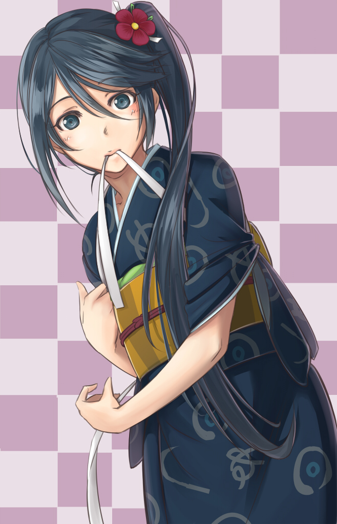 akito_(akitotika) black_hair blue_eyes hataraku_maou-sama! japanese_clothes kamazuki_suzuno kimono long_hair side_ponytail simple_background solo