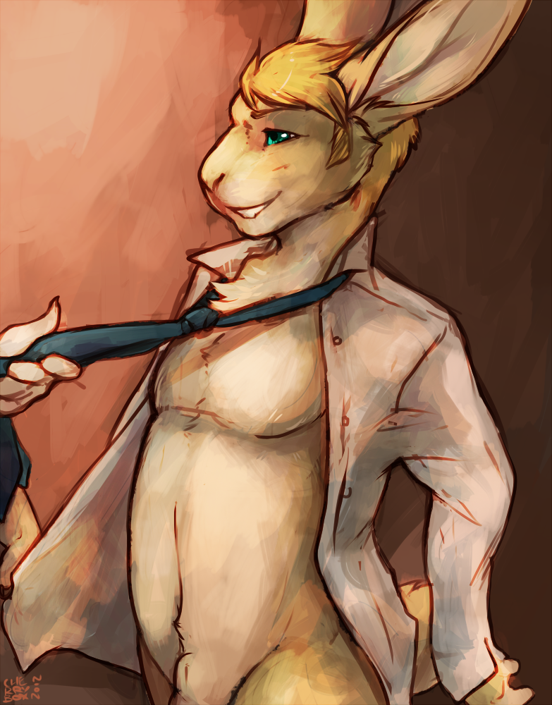 ambiguous_gender cherrybox clothing lagomorph male mammal necktie open_shirt rabbit sheath shirt solo